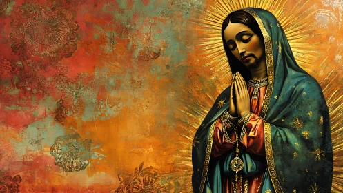 Icon-style robed figure in prayer with radiant gold backdrop