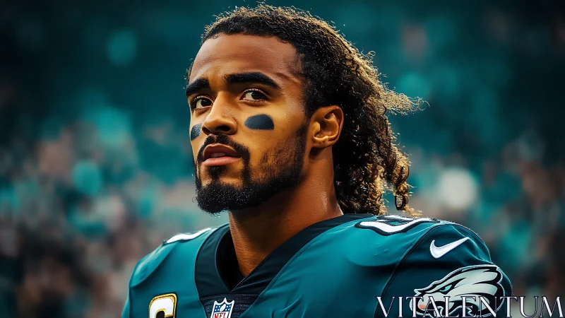 Football player in teal uniform looks up during stadium game