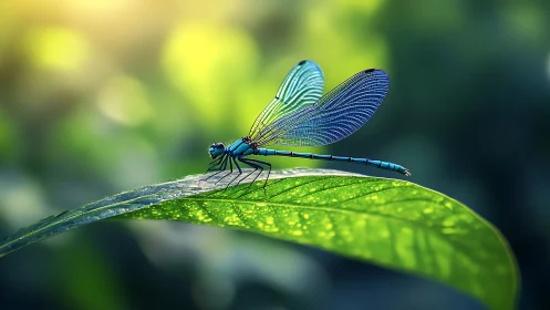 Dragonfly daydream on a sunlit leaf in soft green glow.