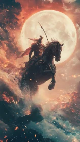 Armored rider on rearing horse crosses turbulent, lit surf