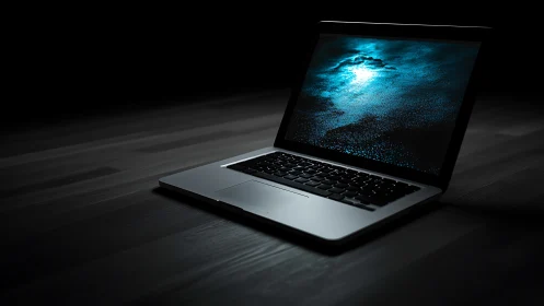 Open laptop glows on dark desk with blue textured screen