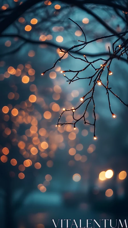 Defocused warm bokeh lights on winter tree branches at dusk