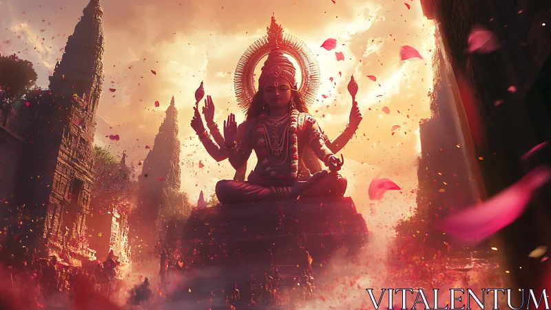 Divine multiarmed stone deity in monumental temple courtyard.