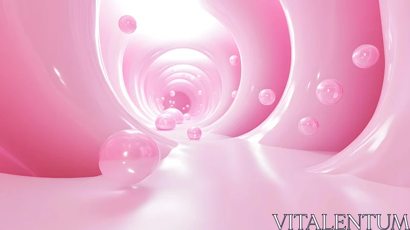 Surreal Pink Abstract Tunnel with Glossy Spheres, Futuristic Art.