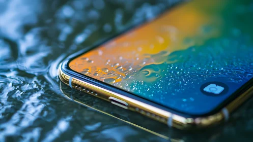 Smartphone screen lies in shallow water covered in droplets