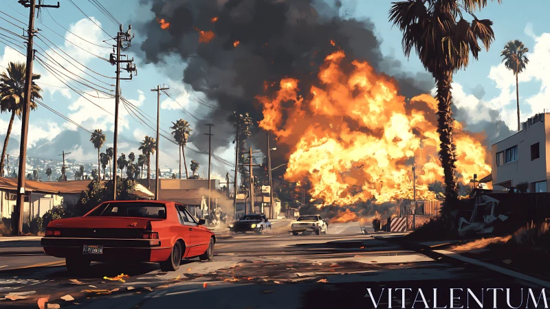 Urban street scene with large explosion event in background.