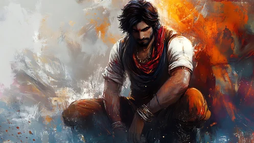 Brooding warrior kneeling amid fiery abstract stormscape.