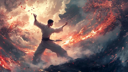 Martial artist dancing with swirling fire and autumn wind.
