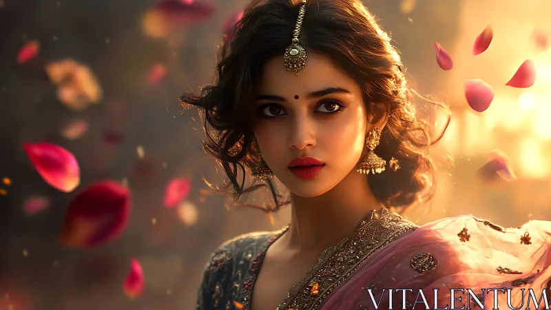 Graceful woman in rose-tinted light and drifting petals.