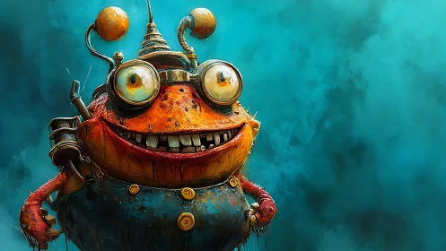 Grinning steampunk alien robot against teal painted backdrop.