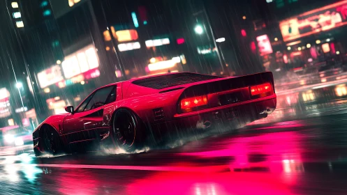 Neon storm supercar slicing through rain glazed nightlife.