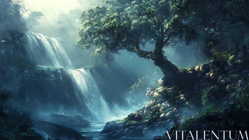 Luminous cascade carves through emerald wilderness with divine rays