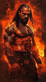 Tattooed warrior in flames with intense fiery aura.