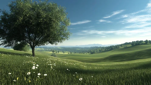 Single tree on grassy hillside under clear daytime sky.