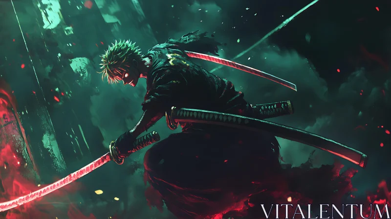 Stormlit rogue swordsman carving neon rifts in nightfall.