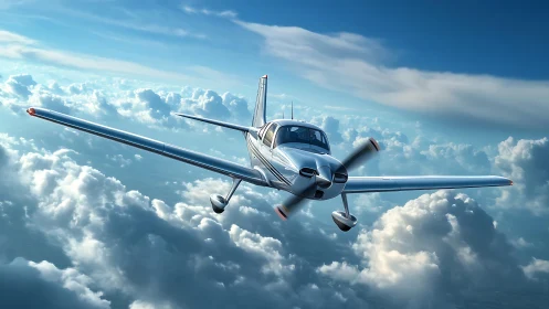 Cloud-slicing silver prop plane surfing a painted sky.