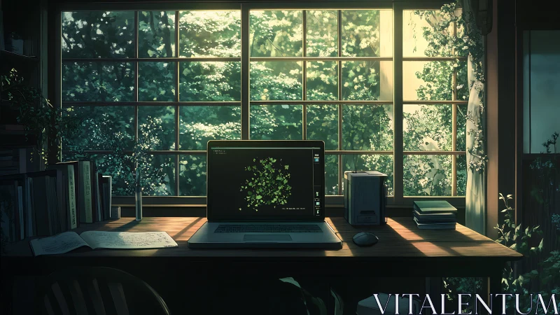 Biophilic workstation with generative data visual interface.
