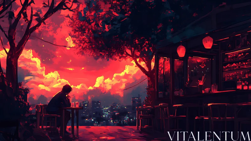 Solitary figure at rooftop bar under intense red sunset.