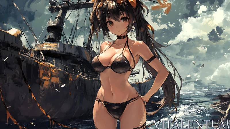 Anime woman in black bikini standing before battleship scene.