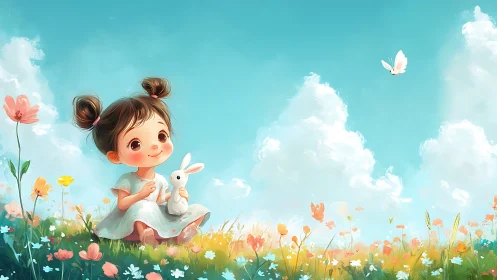 Little girl cuddles bunny in a dreamy spring meadow