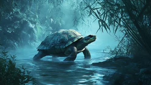 Turtle moves through shallow stream under diffuse blue light
