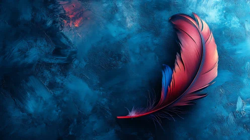 Vibrant red feather rests softly on deep textured blue