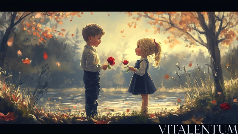 Children Exchange Roses in Autumn Forest.