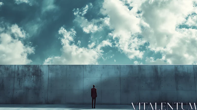Solitary figure stands before high concrete wall under sky