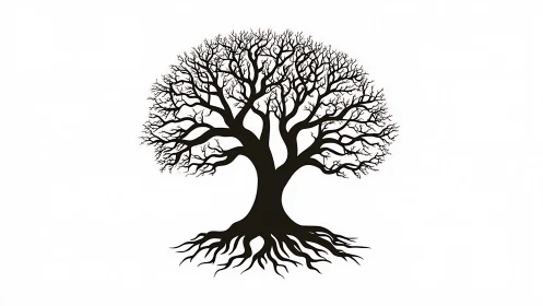 Symmetrical tree silhouette shows dense branching topology and roots