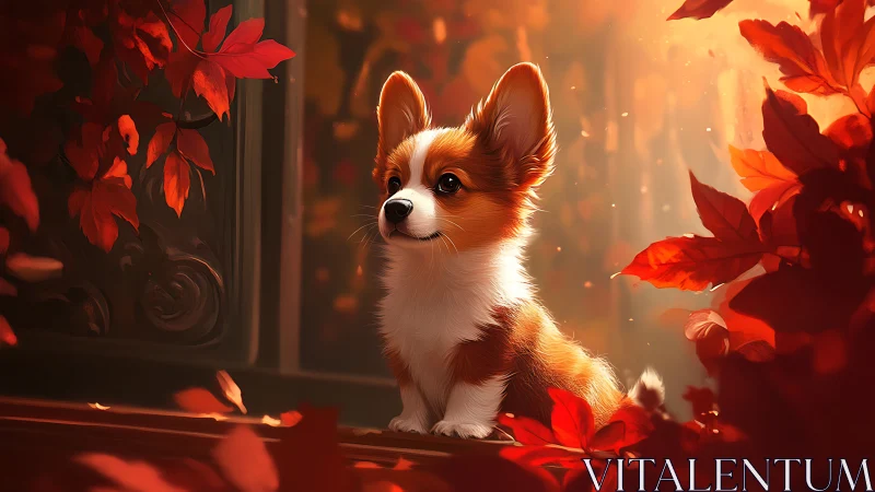 Digital painting of corgi puppy framed by glowing autumn foliage.
