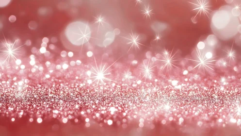 Rose gold glitter field with luminous bokeh starbursts.