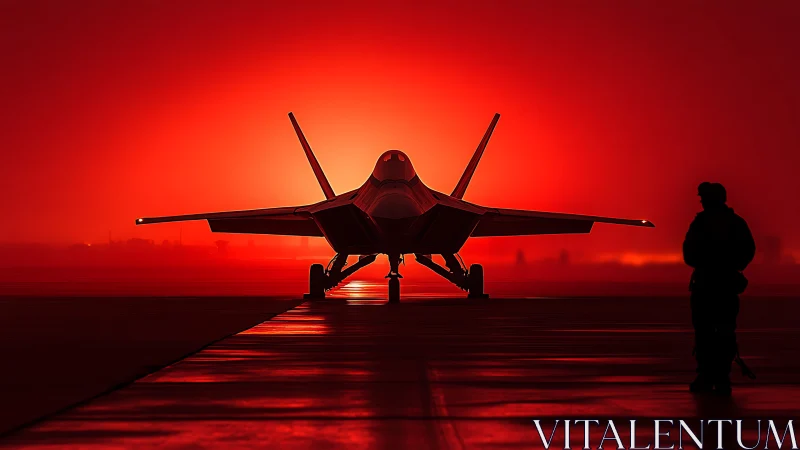 Stealth fighter jet waits on runway under blazing red dawn