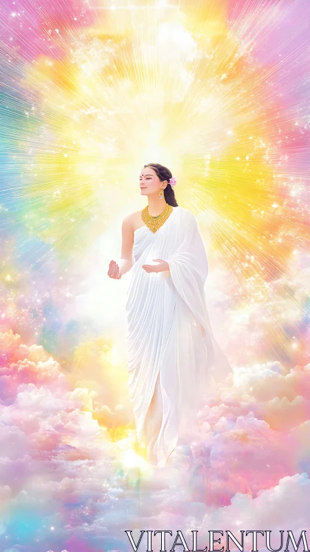 Radiant celestial goddess walks through luminous pastel clouds