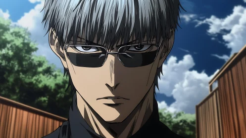 Stoic anime swordsman glares under a bright summer sky