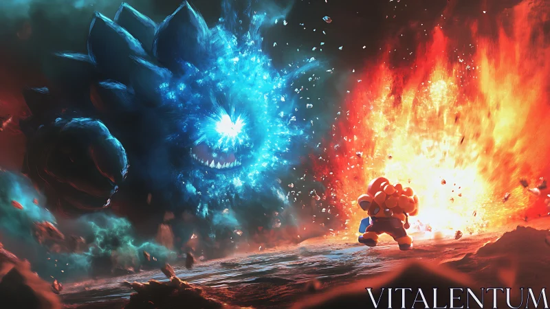 Fiery hero confronting colossal elemental beast in void.