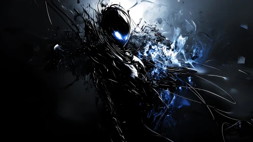 Cybernetic wraith emerges from turbulent neon data vortex