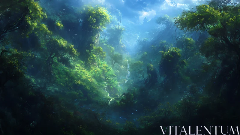 Forested canyon with light penetration and atmospheric perspective.