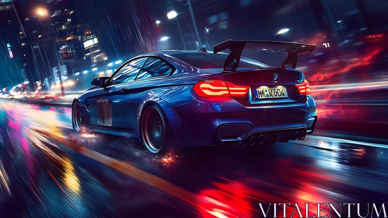 Midnight sports car races through neon soaked city streets