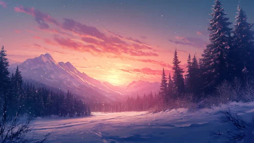 Alpenglow sunset illuminates snowbound conifer valley