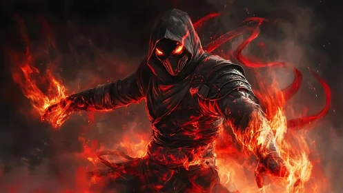 Hooded fire mage conjures infernal flames in dynamic stance