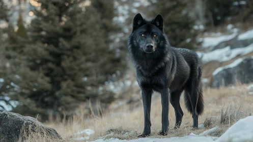 Black wolf stands alert in a snowy mountain clearing.