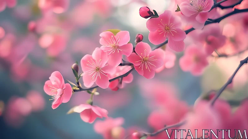 Pink cherry blossoms on branches with bokeh background.