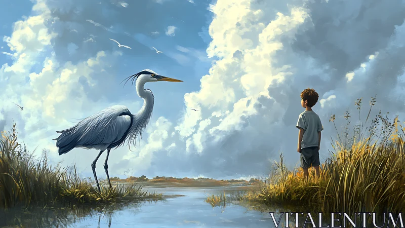 Boy and heron share a quiet moment beneath towering clouds