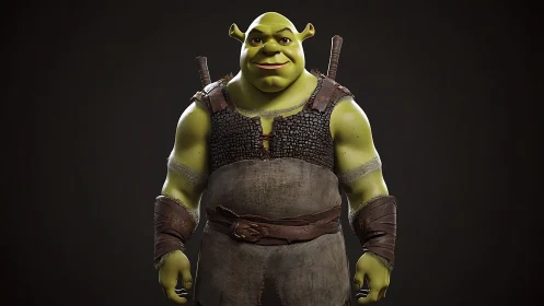 3D ogre warrior portrait in worn leather armor on dark background.