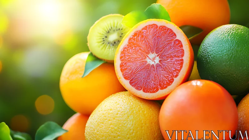 Citrus slice closeup with kiwi in vivid natural sunlight.