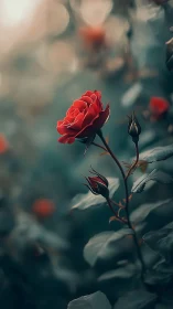 Solitary scarlet rose in cinematic shallow focus glow.