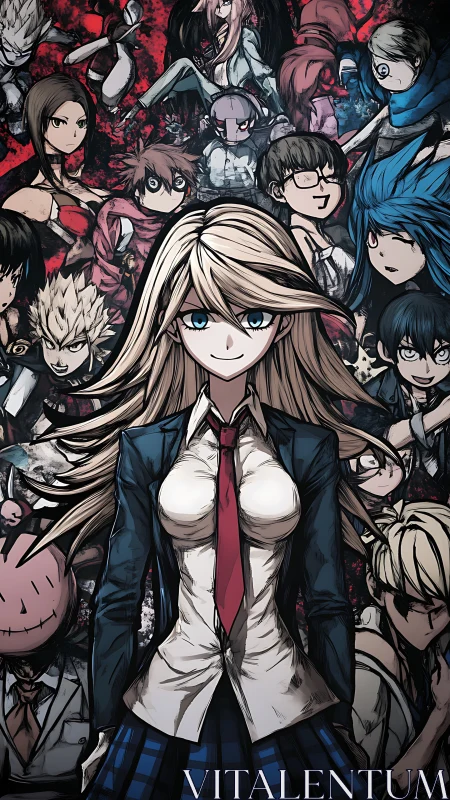 Anime heroine leads chaotic ensemble in crimson storm.