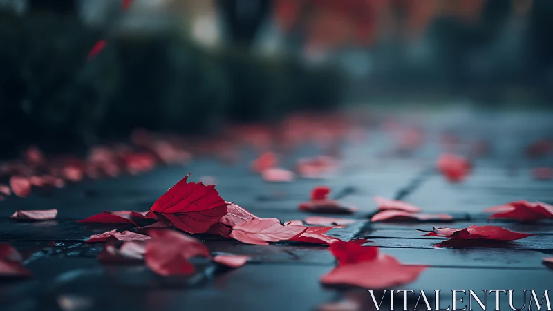 Crimson autumn leaves scattered on glossy stone path.