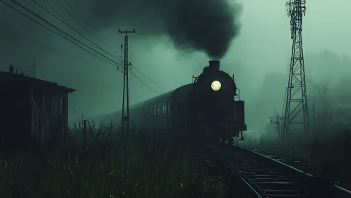Midnight steam engine haunts a fog-drowned forgotten railway.