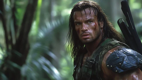 Battle worn jungle commando with tactical gear and rifle.